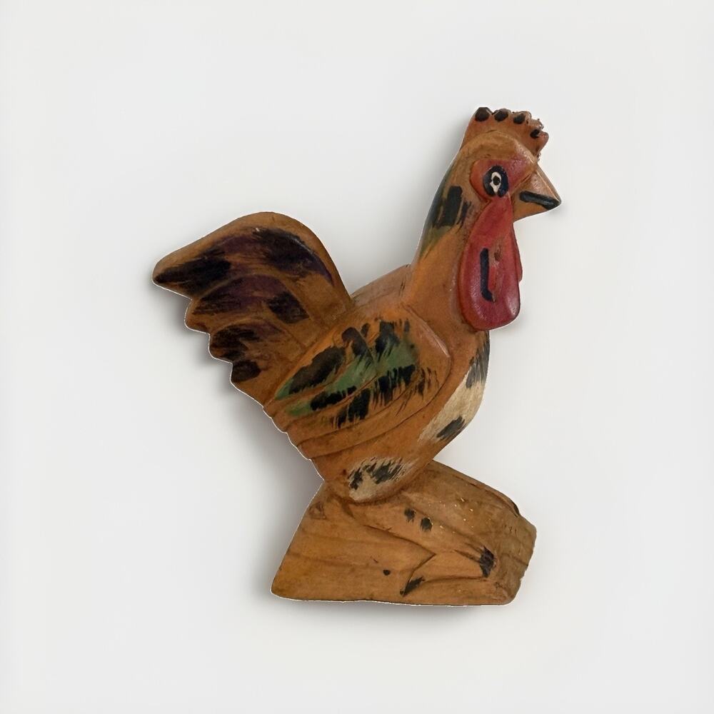 Primitive Hand Carved & Painted Wooden Rooster Chicken Folk Art Sculpture 6.5"